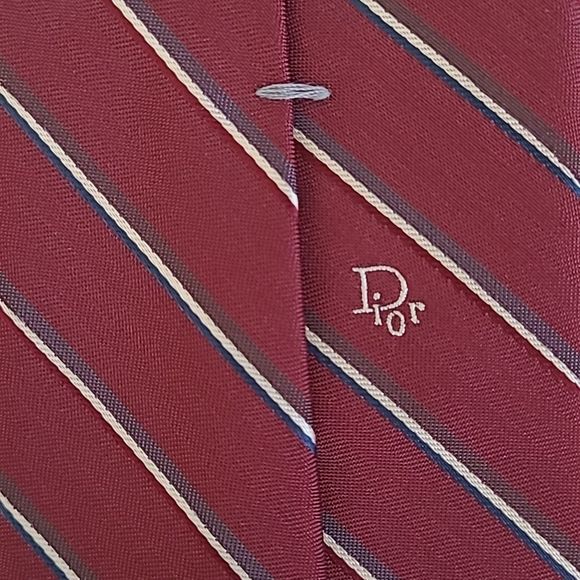 Vintage Christian Dior Men's Necktie Red Navy White Regimental Stripe Short Tie - Picture 9 of 16